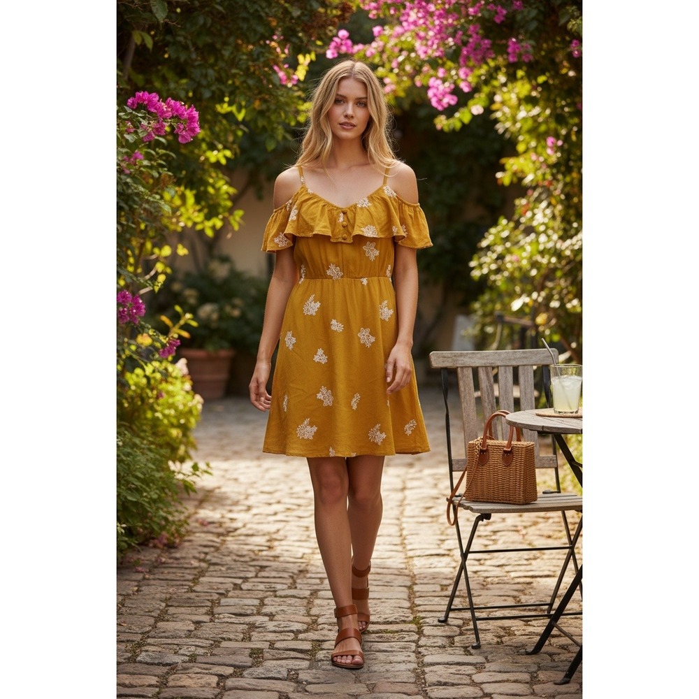 Sadie & Sage Dress M‎ Yellow Embroidered Cold Shoulder Mini M